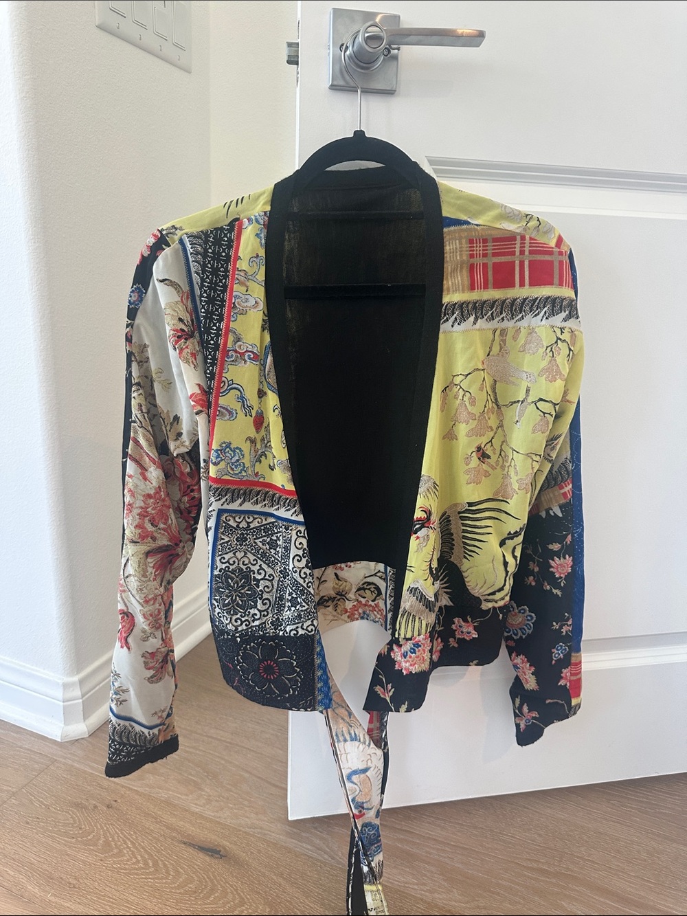 Just Cavalli Reversible Silk Patchwork & Fine Knit Wrap Cardigan Jacket